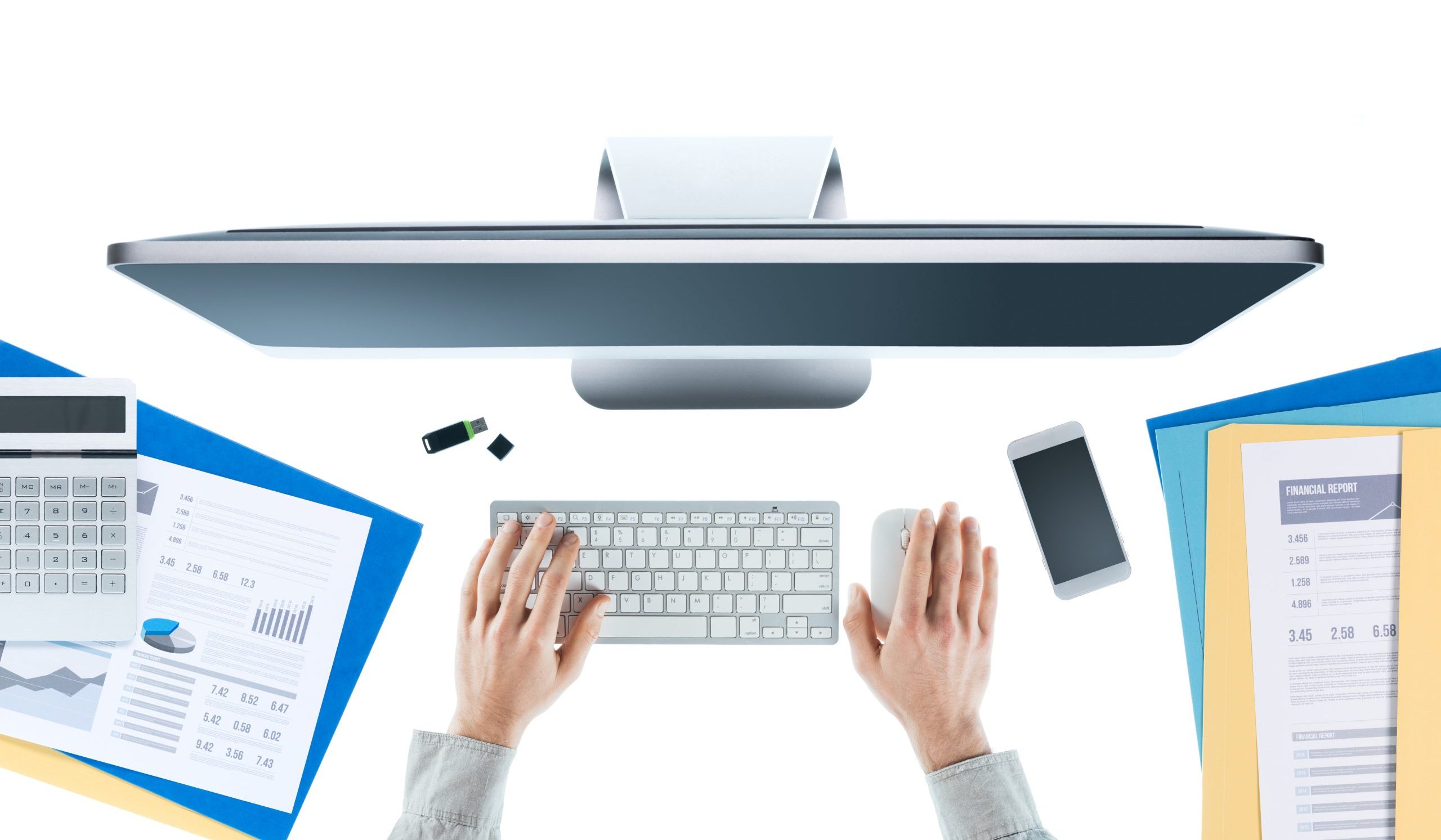 Businessman working at office desk and using a computer, hands top view, white background